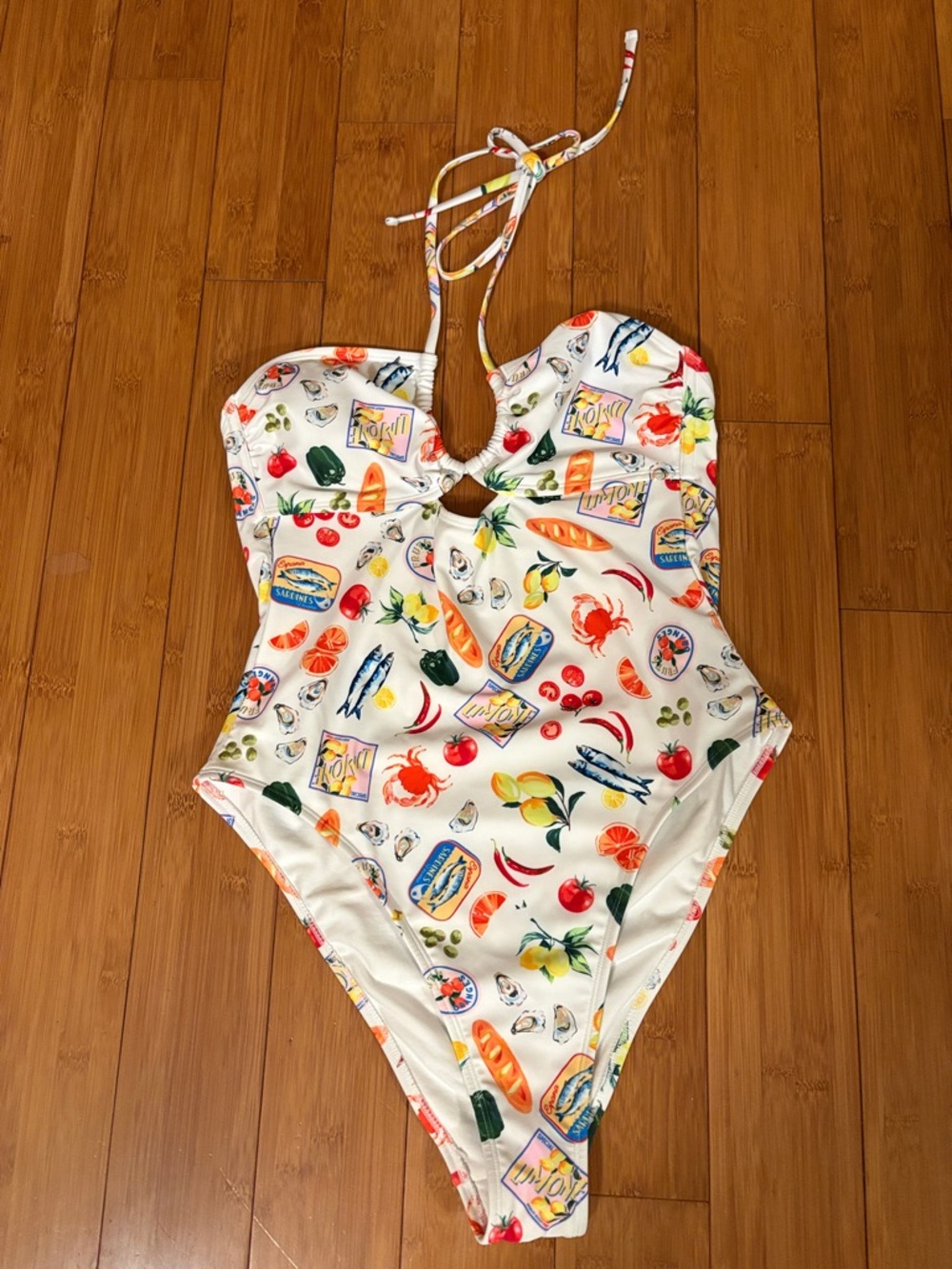 No Boundaries White Woman’s One-Piece Swimsuit with Colorful Food & Sea Print